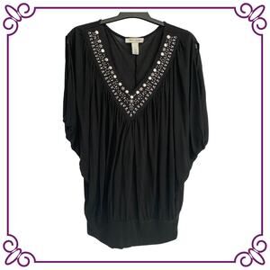 WHBM Embellished V Neck Blouson Top Batwing Sleeves Black Size SMALL